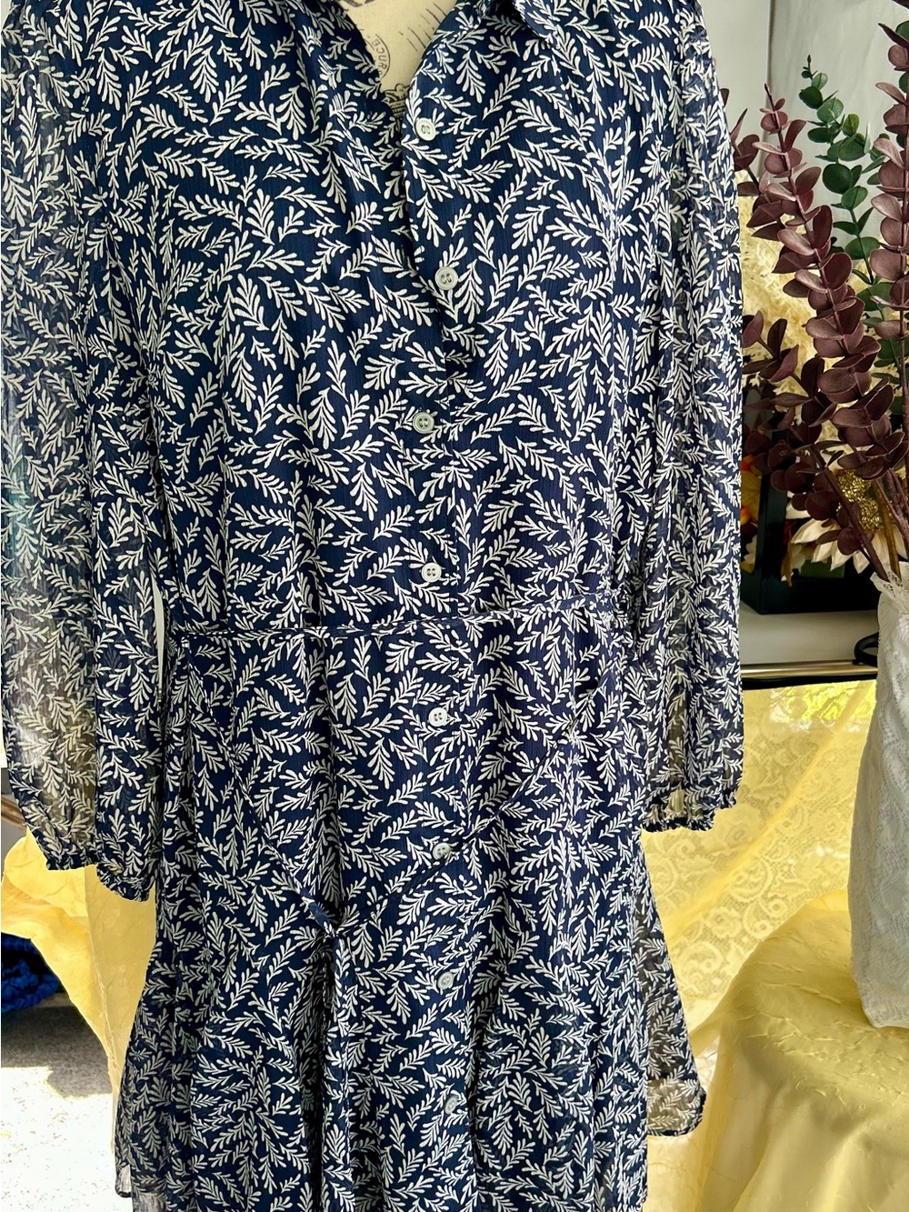 LOFT sugarcoated classy flowy Navy Dress with White Leaf Print
